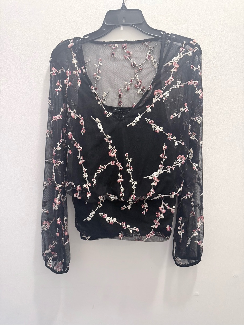 White House Black Market Black Sheer Floral Embroidered V-Neck Blouse